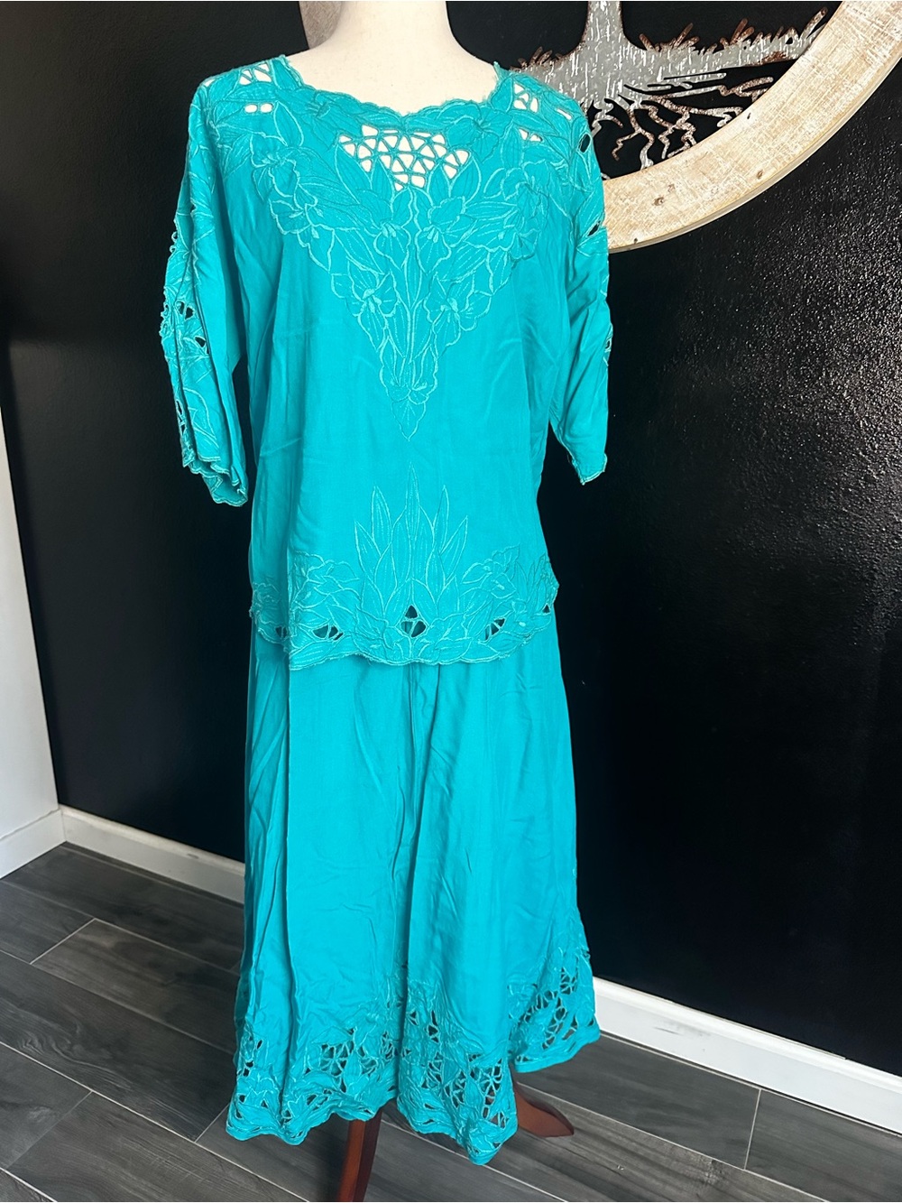 Emerald Teal Cutwork Embroidered Maxi Skirt Set